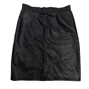 MIDWAY Vintage Black Genuine Leather Lined Knee Length Pencil Skirt‎ Size 10